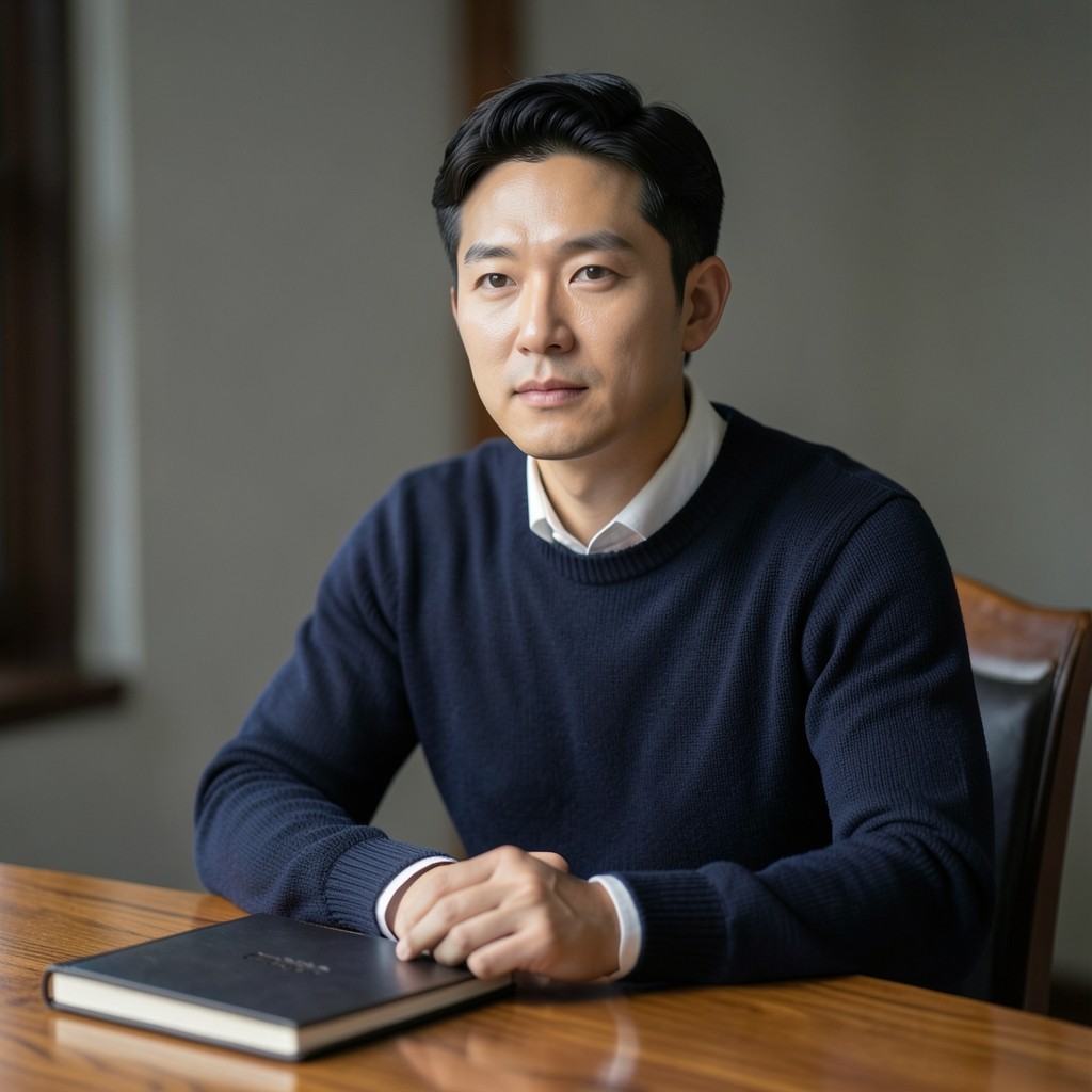 Portrait of a Korean man in his thirties seated at a reading desk in a navy knit