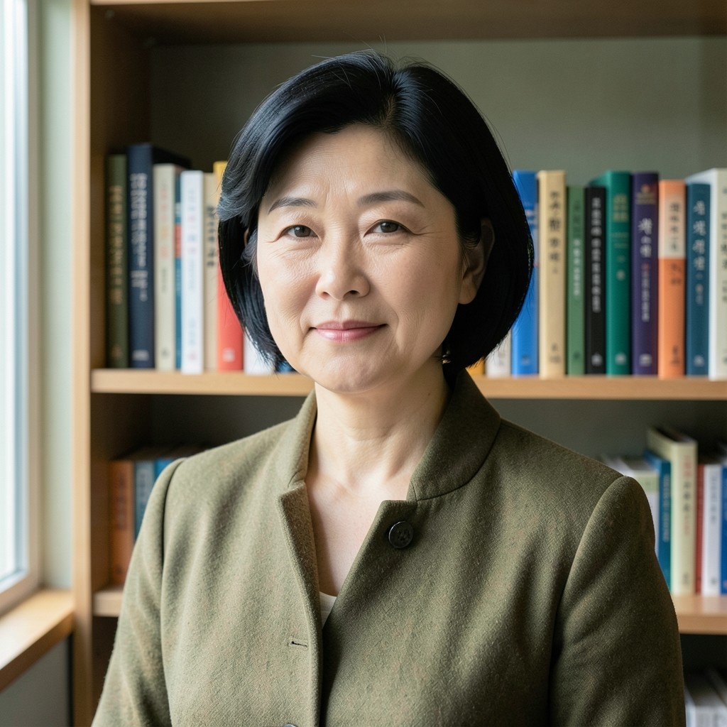 Portrait of a Korean woman in her forties wearing an olive jacket beside a library shelf