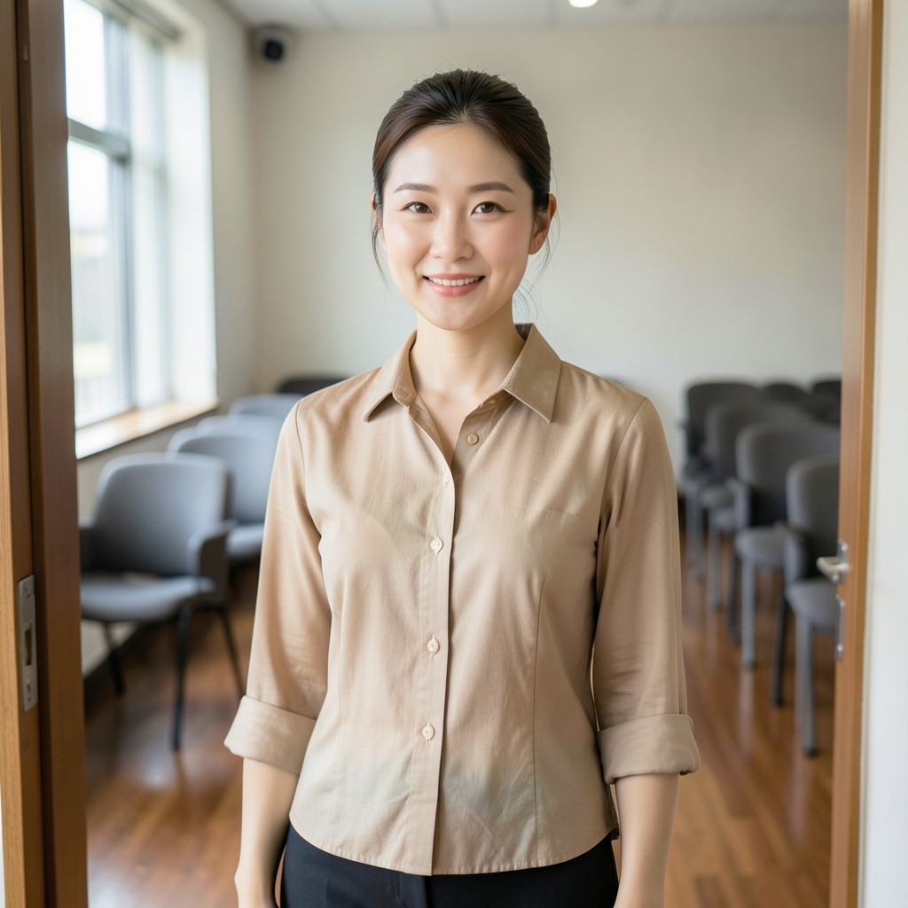 Portrait of a Korean woman in her thirties standing in a seminar-room doorway