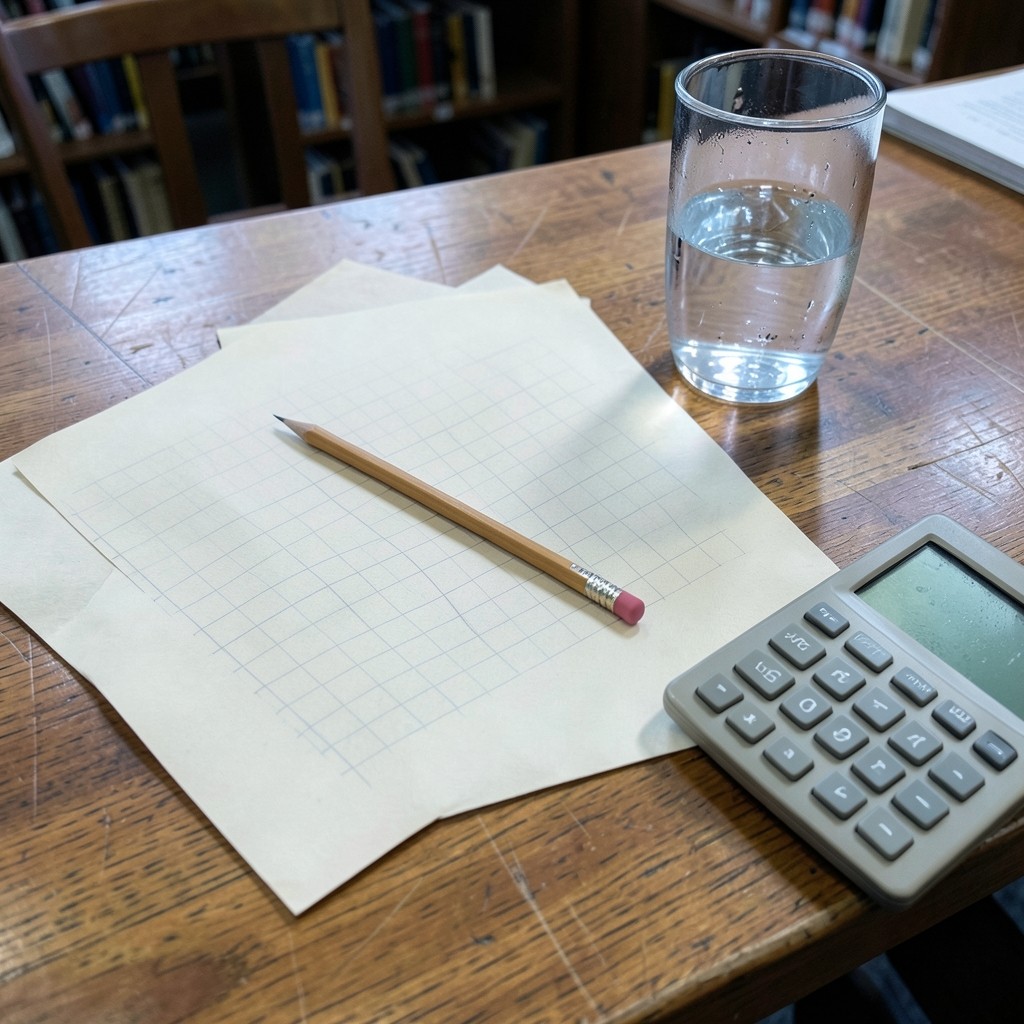 Library desk still life with blank cream sheets, a pencil, a calculator turned aside, and a glass of water