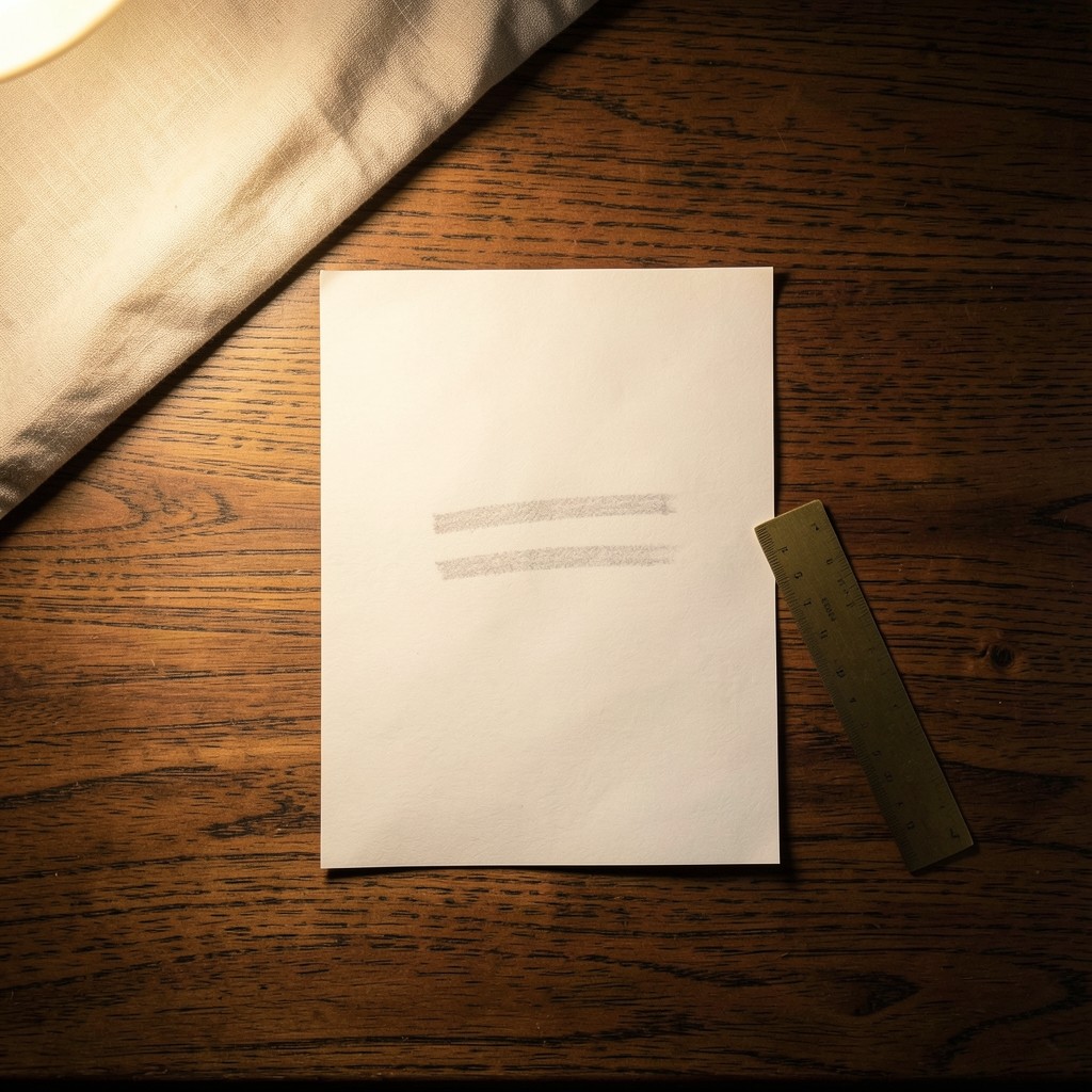 Overhead view of a desk with a faint pencil band diagram, a brass ruler, and warm lamp light