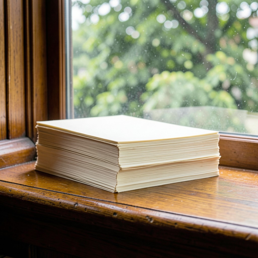 A stack of unbound cream paper on a library windowsill with soft daylight and trees blurred outside