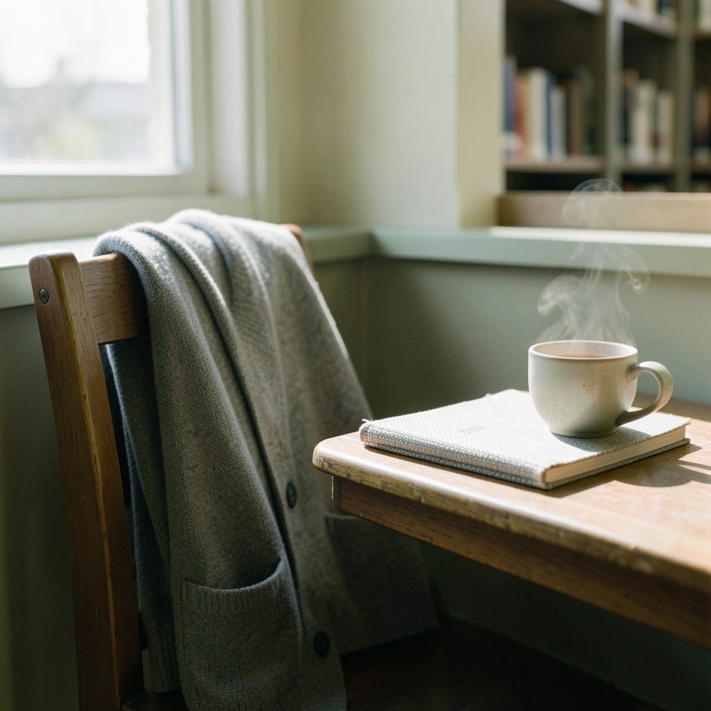 A quiet library carrel in morning light with a closed notebook, a ceramic cup, and a folded cardigan