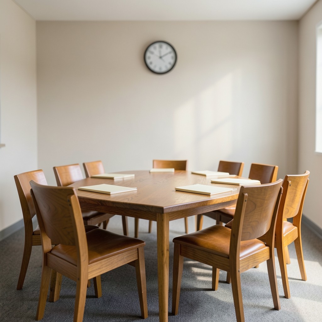 An empty seminar room with eight chairs, a long table, and closed folders ready for a morning class