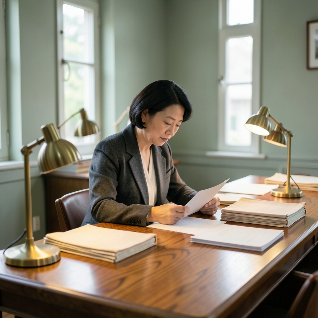 A quiet reading room with a long oak table, brass lamps, and a person reading printed notes by tall windows