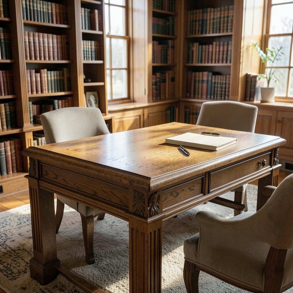 An oak reading desk after a session, with two chairs slightly pulled out and a closed folder