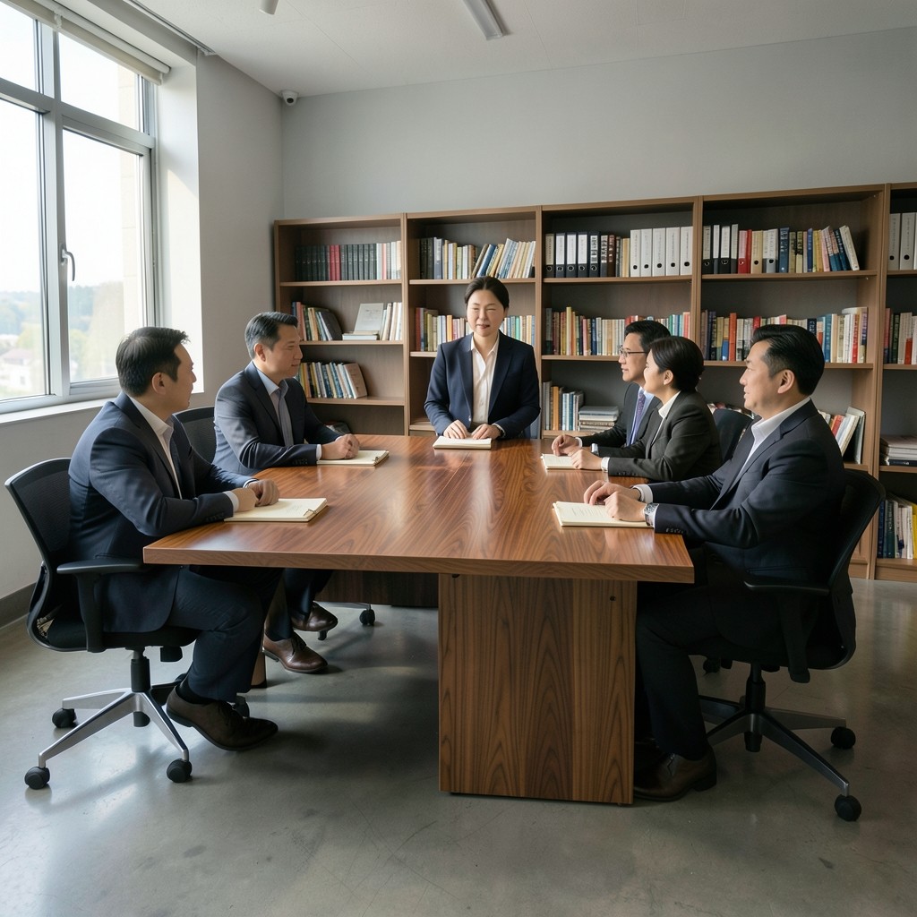 A small group seated around a long table in a quiet seminar room with bookshelves and closed folders