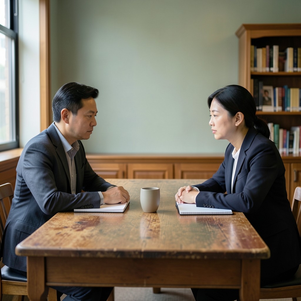 Two adults seated at a wooden library desk with notebooks and a ceramic cup in warm window light