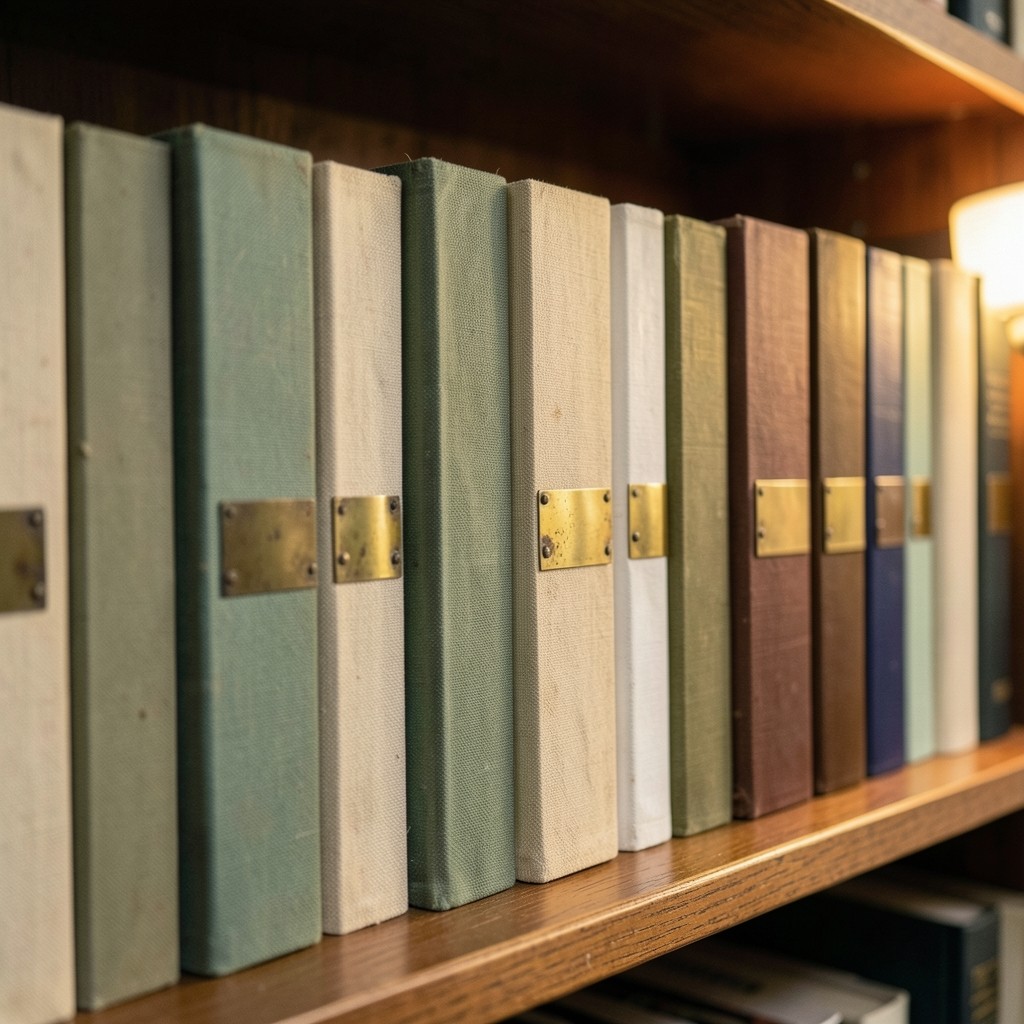 Wooden library shelves filled with cloth-bound binders in sage, cream, and brown under a warm lamp